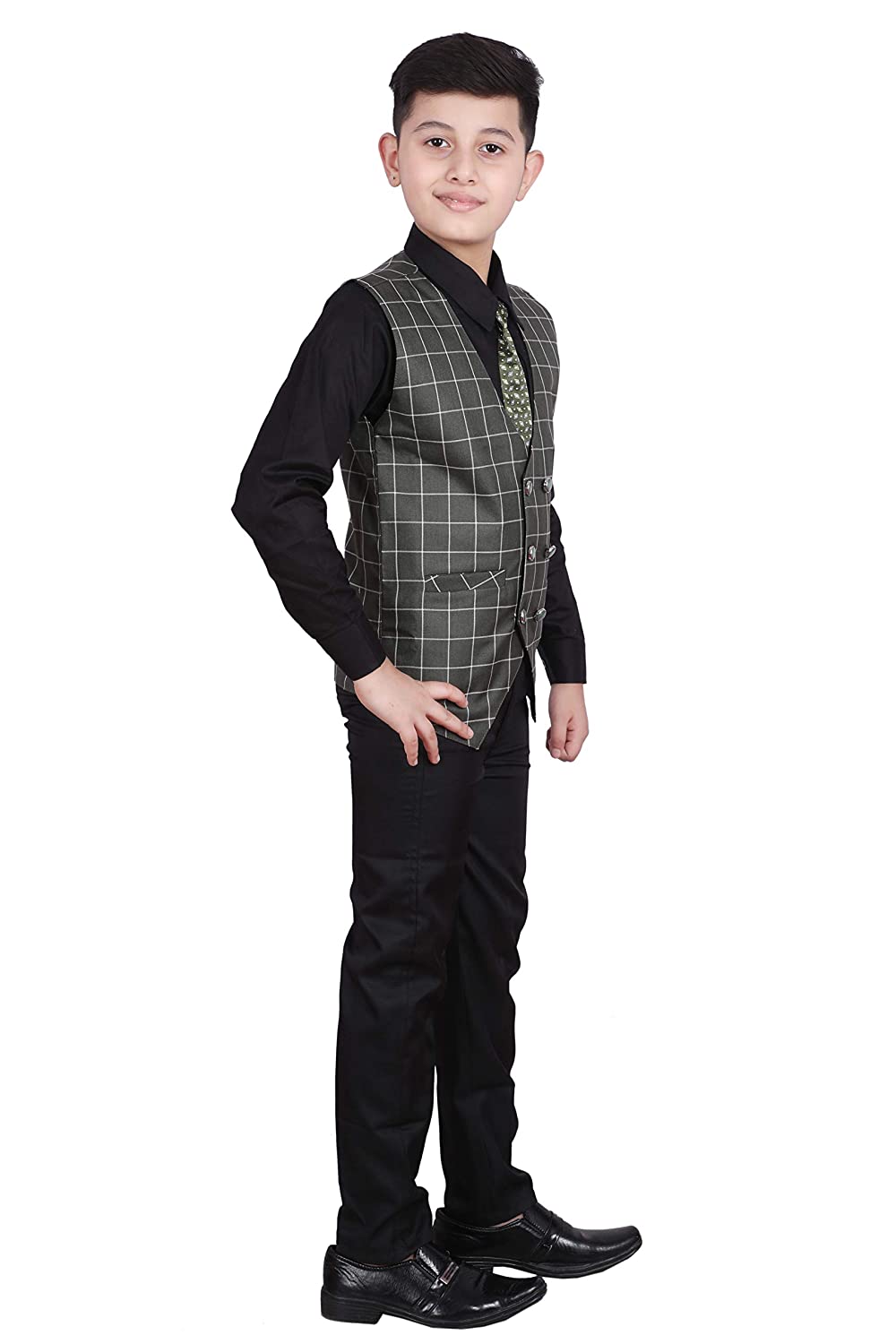 Pro Ethic Three Piece Suit For Boys Cotton Dark Green Checked Pattern T-115