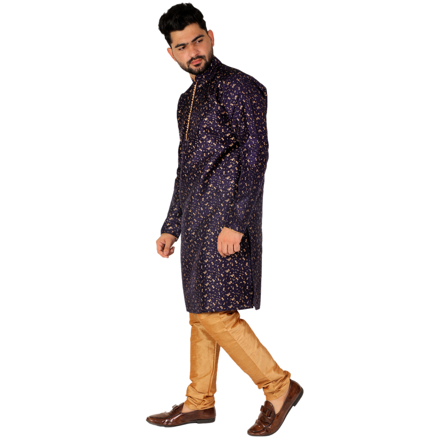 Pro-Ethic Men's Kurta Pajama Silk | Mandarin Collar | Floral Print | Navy Blue (A-111)