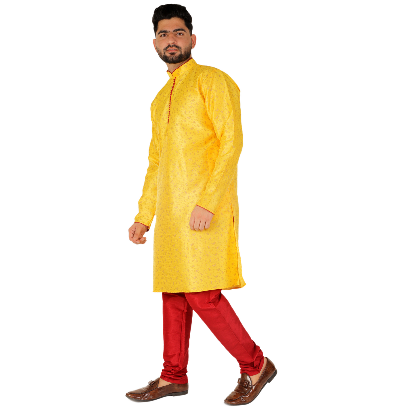 Pro-Ethic Men's Kurta Pajama Silk | Mandarin Collar | Floral Print | Yellow (A-111)