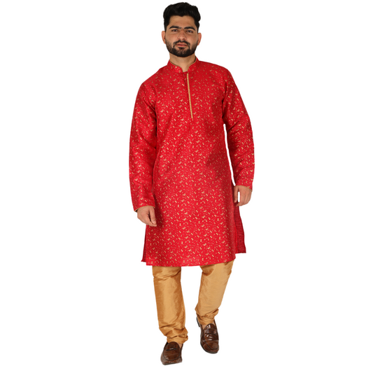 Pro-Ethic Men's Kurta Pajama Silk | Mandarin Collar | Floral Print | Maroon (A-111)