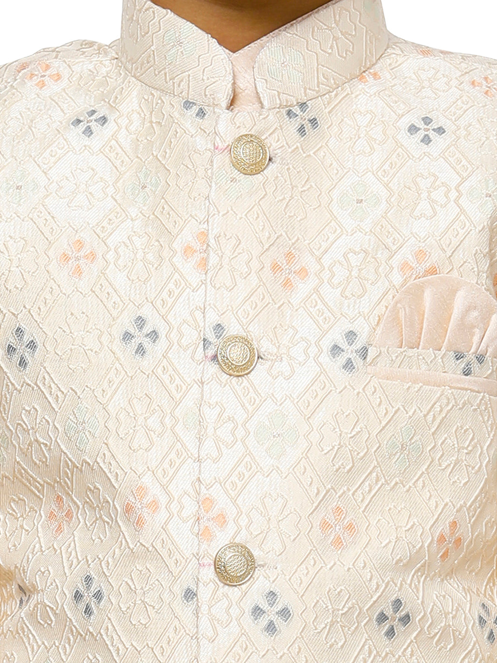Pro Ethic Kurta Pajama For Boys With Waist Coat Silk Floral Pattern Peach (S-212)