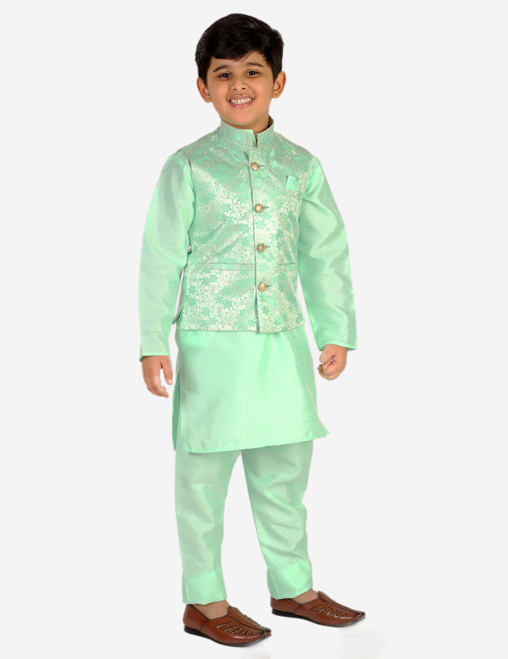 Pro Ethic Boys Kurta Pajama & Waistcoat  Set Silk Floral Design Green (S-176)
