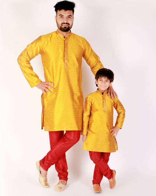 Mustard father and son same dress ethnic wear kurta pajama