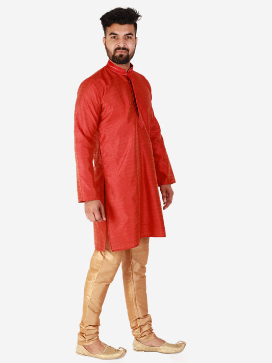 Pro Ethic Red Men's Kurta Pajama Silk Self Design (B-101)