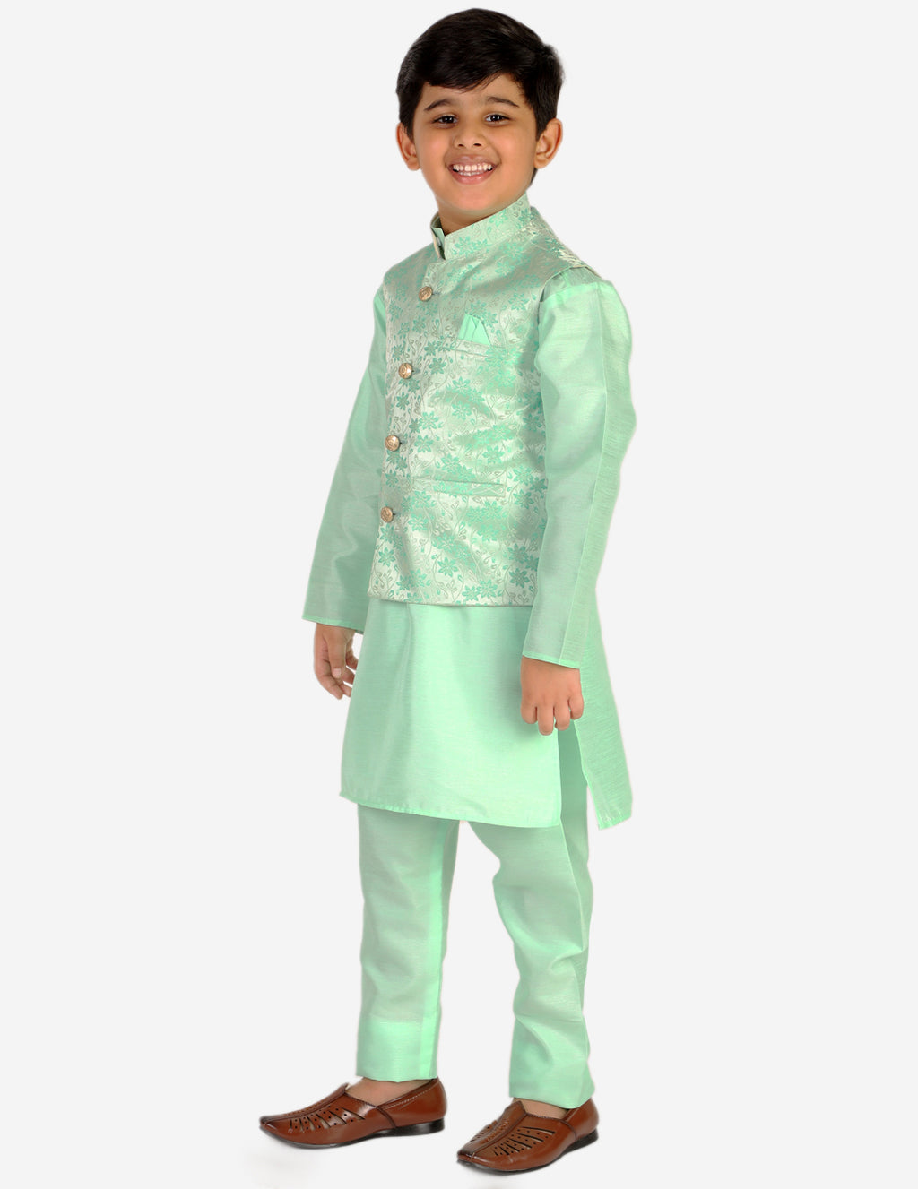 Pro Ethic Boys Kurta Pajama & Waistcoat  Set Silk Floral Design Green (S-176)
