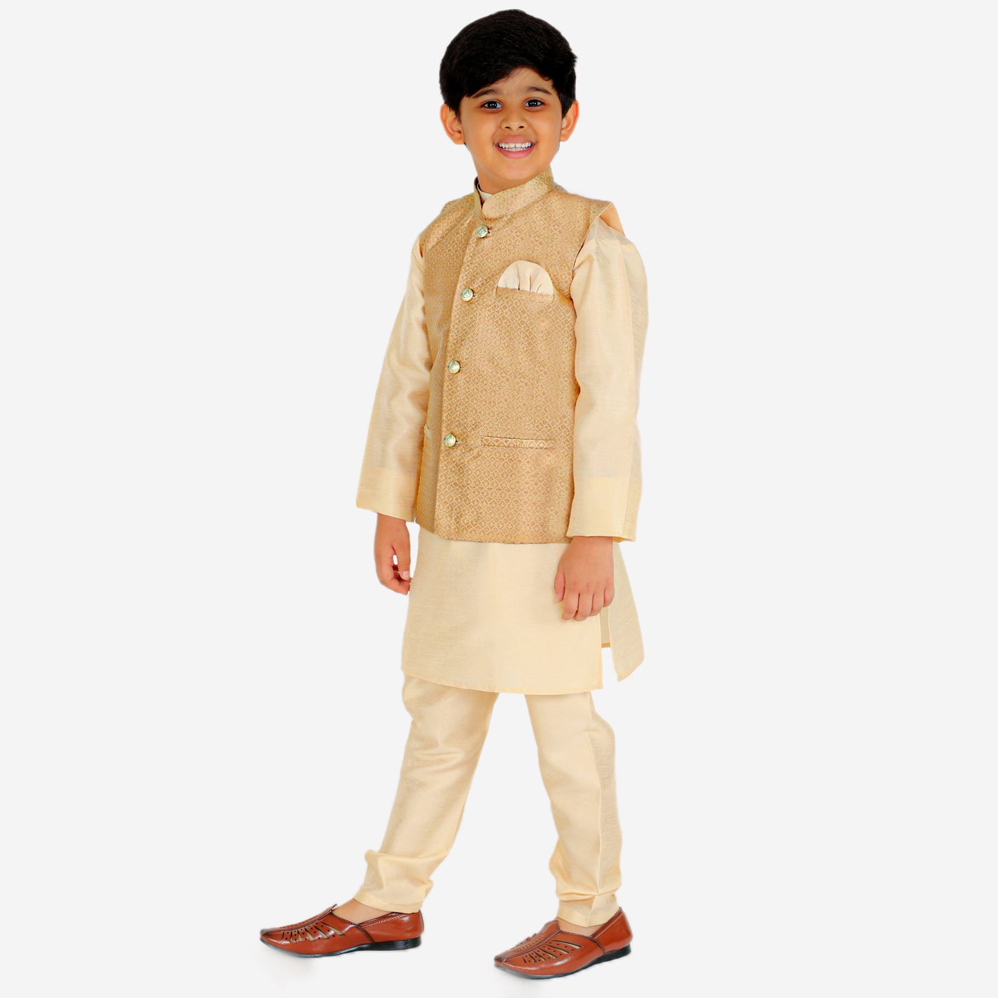 Pro Ethic Kurta Pajama For Boys With Waist Coat Silk Box Pattern Light Brown (S-210)