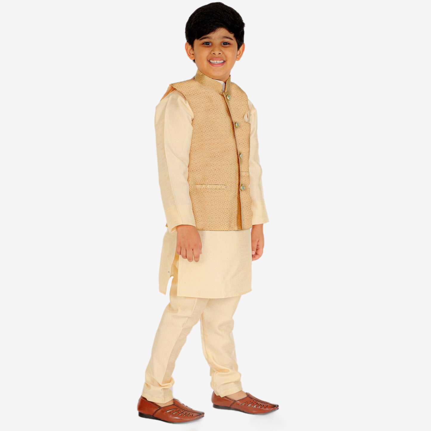 Pro Ethic Kurta Pajama For Boys With Waist Coat Silk Box Pattern Light Brown (S-210)