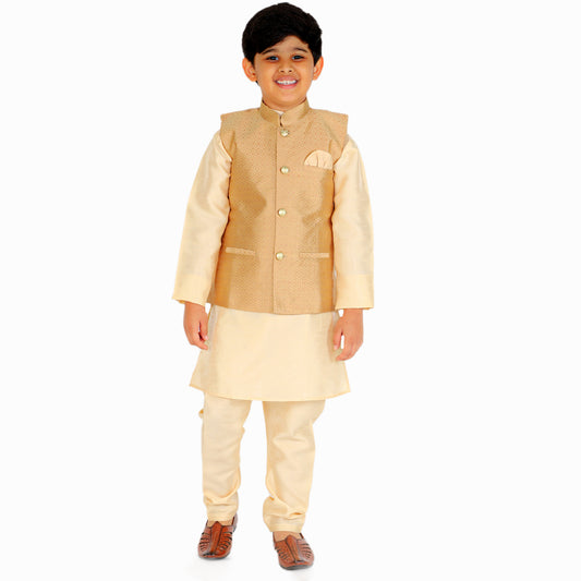 Pro Ethic Kurta Pajama For Boys With Waist Coat Silk Box Pattern Light Brown (S-210)