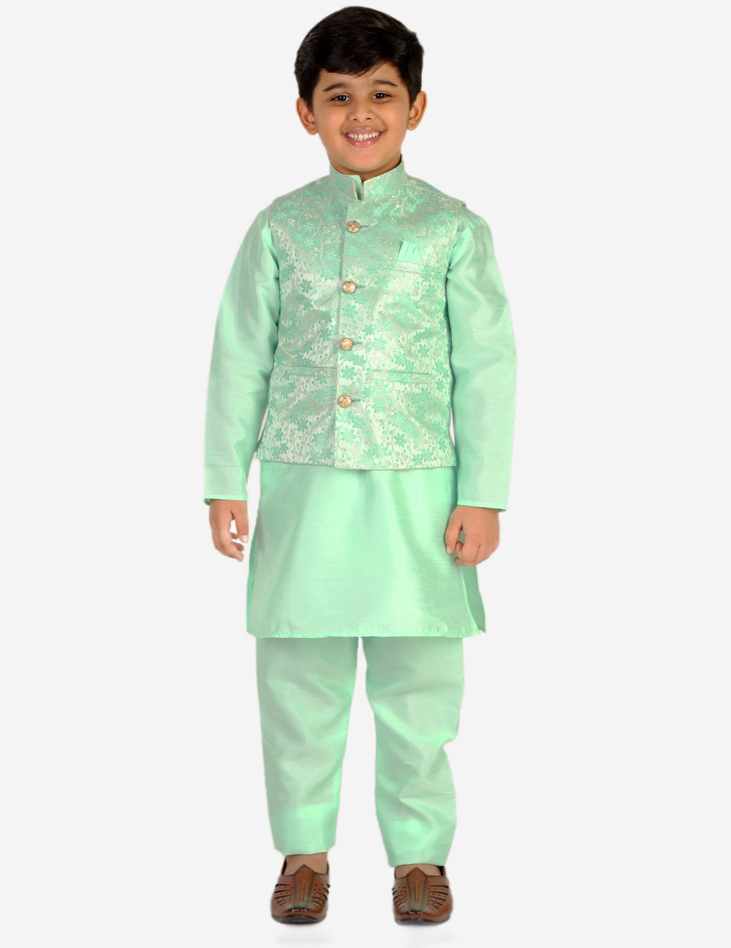 Pro Ethic Boys Kurta Pajama & Waistcoat  Set Silk Floral Design Green (S-176)
