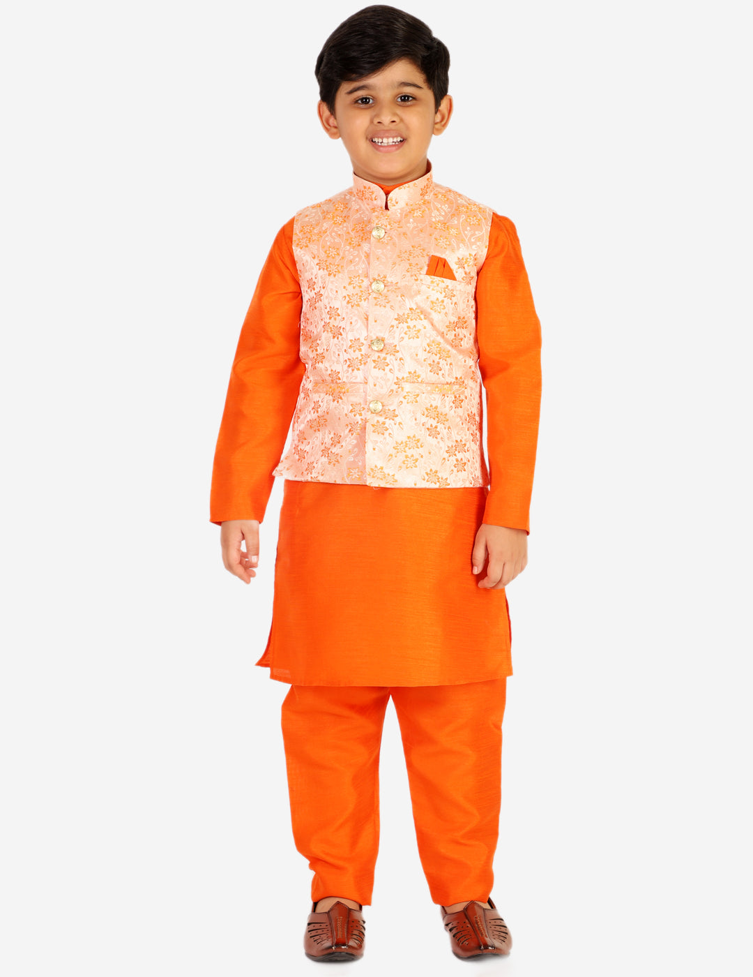 Pro Ethic Boys Kurta Pajama & Waistcoat  Set Silk Floral Design Orange (S-176)