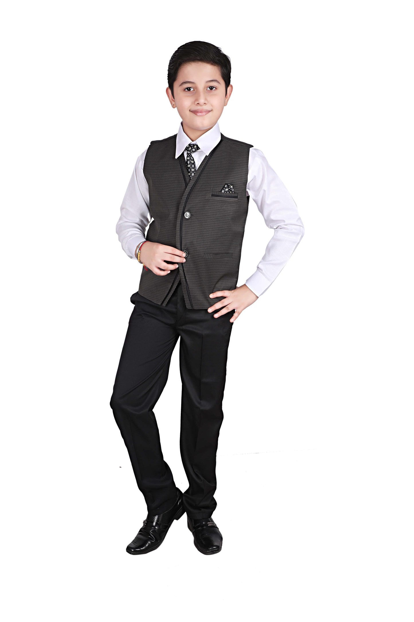 Cotton Dark Green Three Piece Suit For Boys