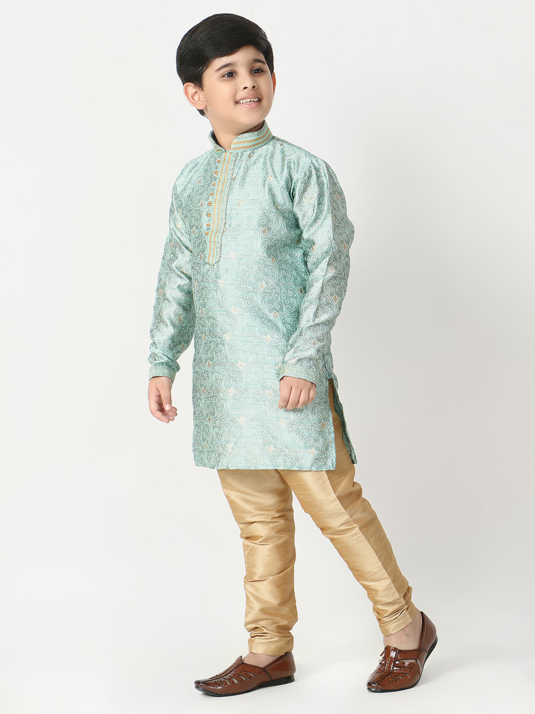 Pro Ethic Silk Kurta Pajama For Boys Light Firozi Floral Print S-207