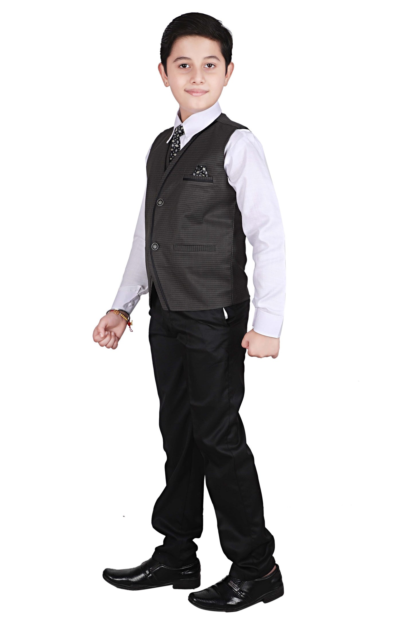 Cotton Dark Green Three Piece Suit For Boys