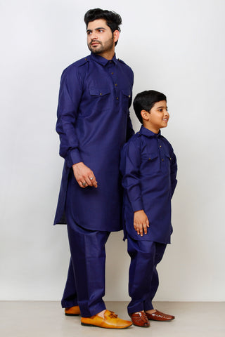 Pro Ethic Father Son Same Dress Kurta Pajama Set Cotton Navy Blue B-116