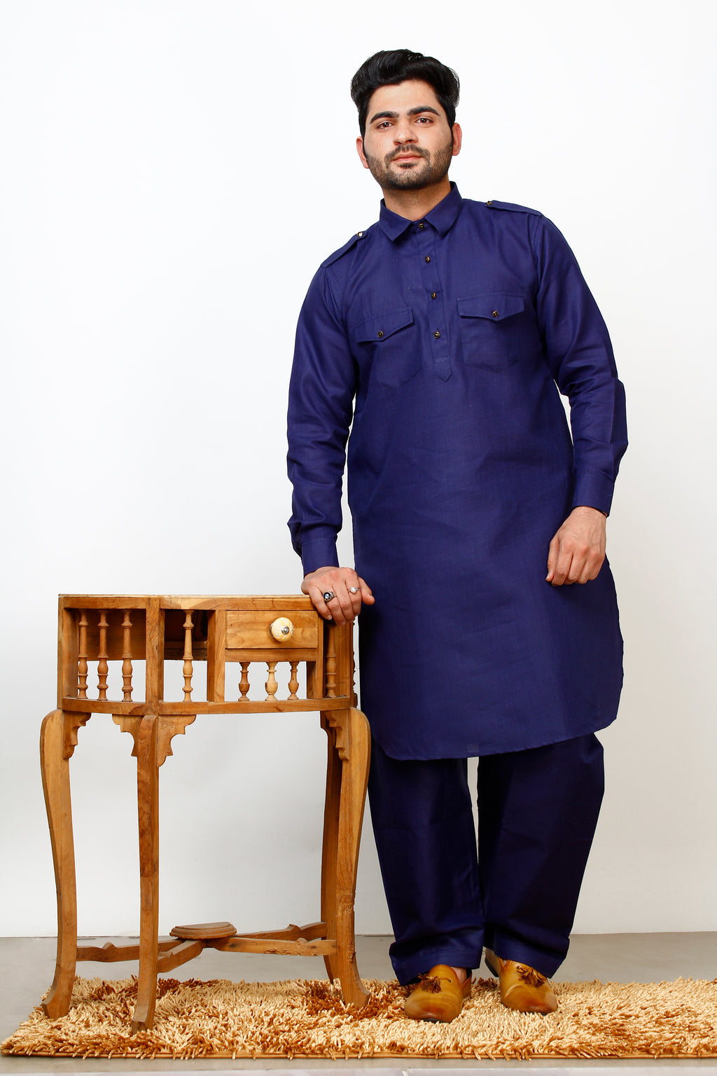 Pro Ethic Men's Pathani Kurta pajama set - Solid | Cotton | Navy Blue | (A-116)