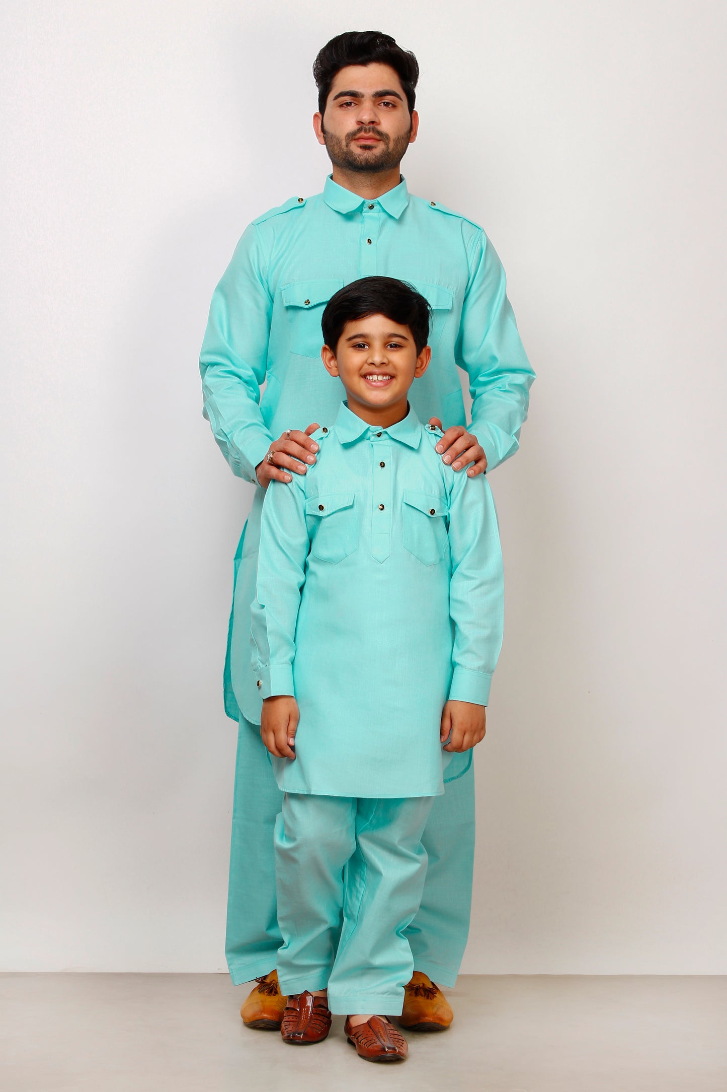 Pro Ethic Father Son Same Dress Kurta Pajama Set Cotton Firozi B-116