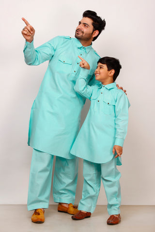 Pro Ethic Father Son Same Dress Kurta Pajama Set Cotton Firozi B-116