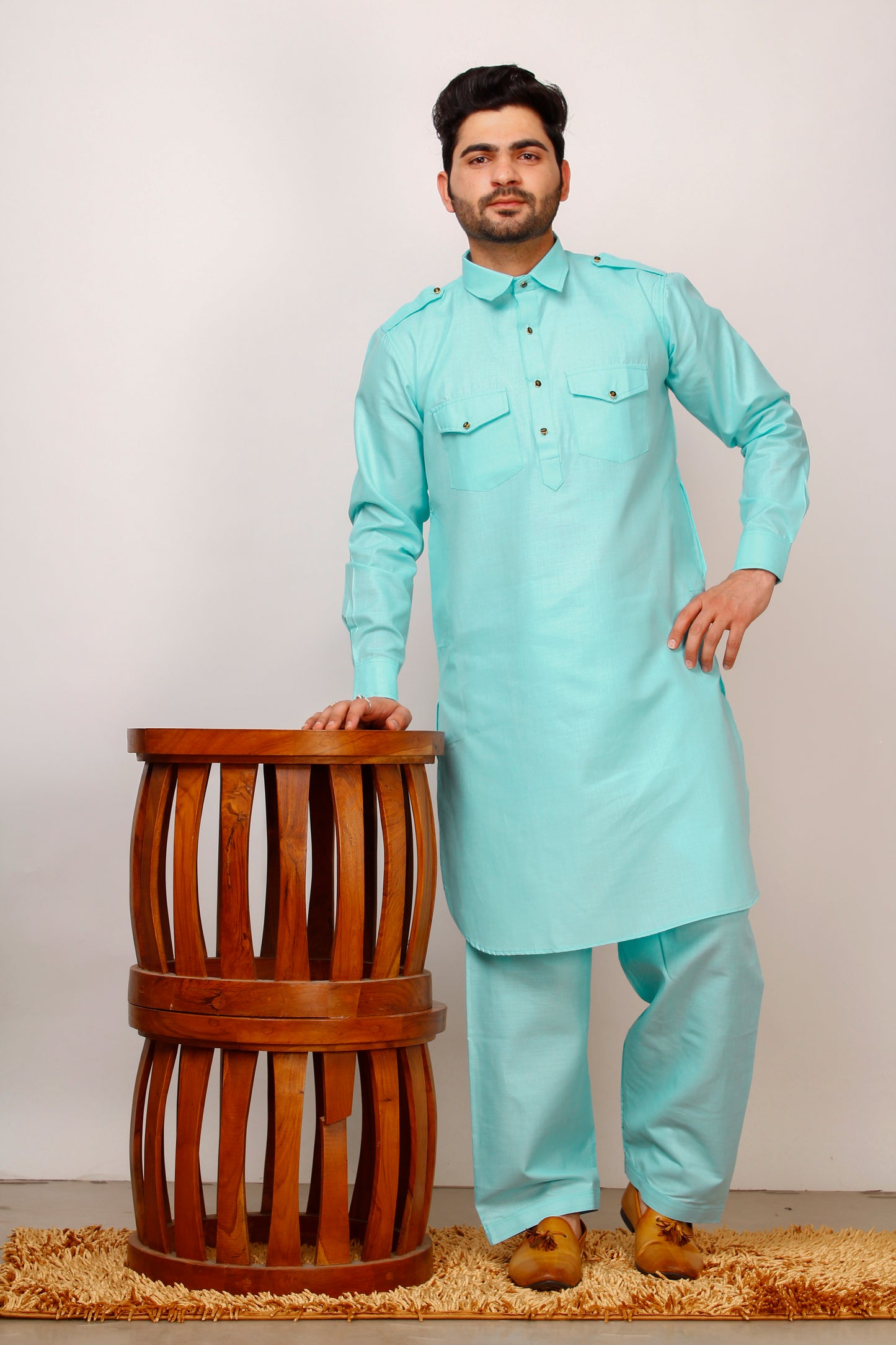 Pro Ethic Men's Pathani Kurta pajama set - Solid | Cotton | Firozi | (A-116)