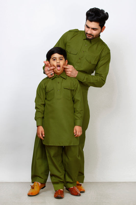 Pro Ethic Father Son Same Dress Kurta Pajama Set Cotton Green B-116