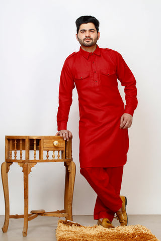 Pro Ethic Men's Pathani Kurta pajama set - Solid | Cotton | Red | (A-116)