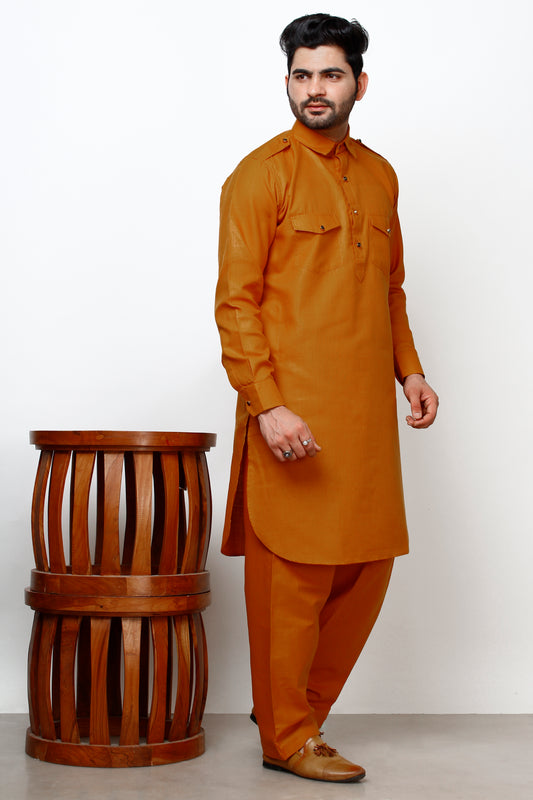 Pro Ethic Men's Pathani Kurta pajama set - Solid | Cotton | Mustard | (A-116)