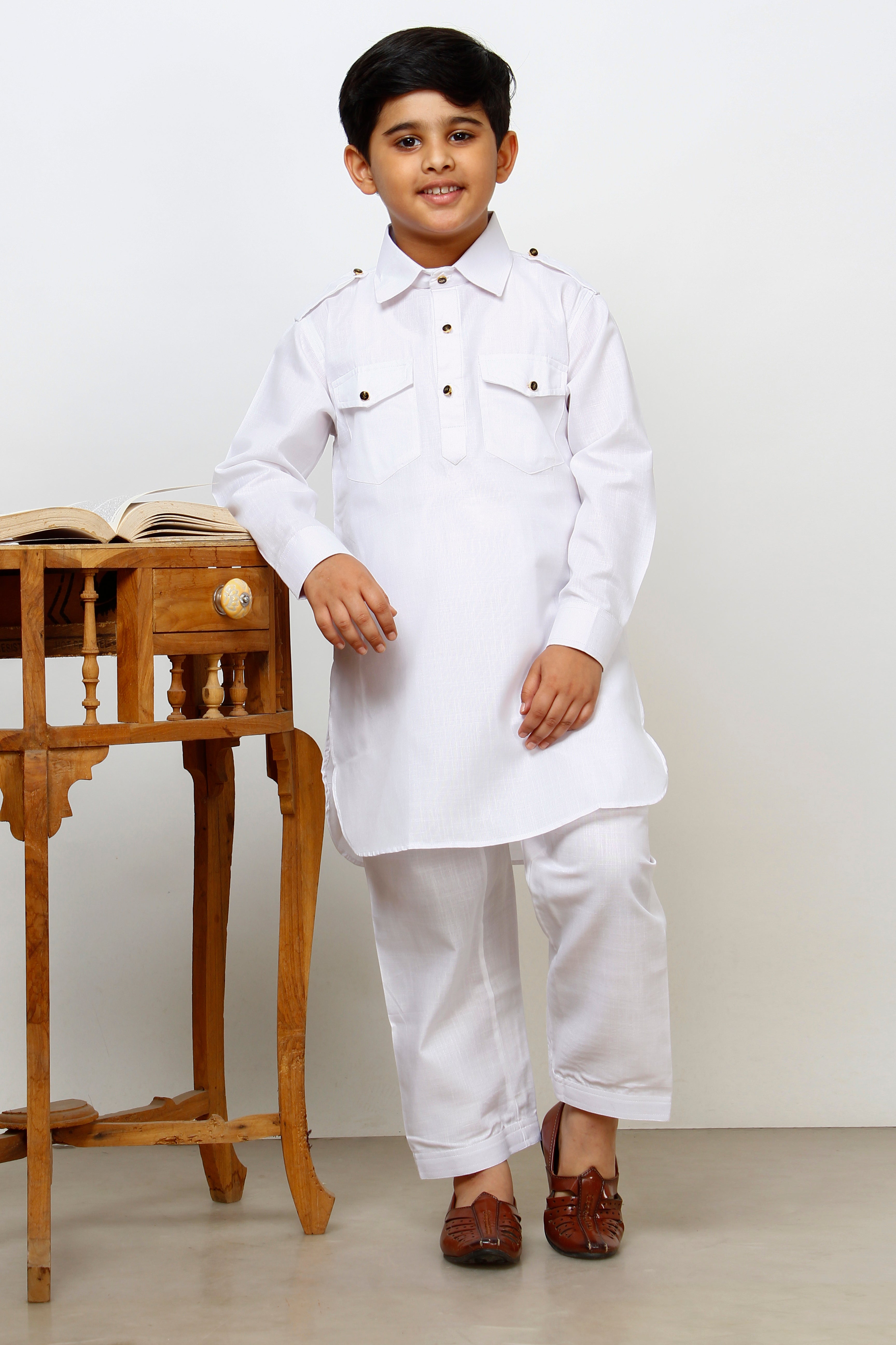 Pro Ethic Pathani Kurta Pajama For Boys Cotton White