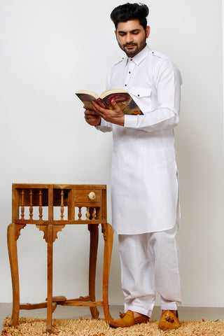Pro Ethic Men's Pathani Kurta pajama set - Solid | Cotton | White | (A-116)