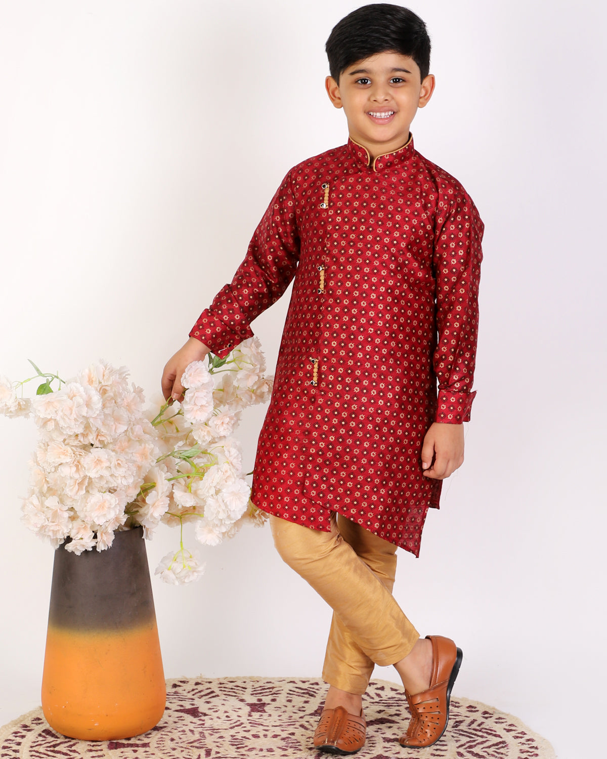 Pro Ethic Maroon Silk Floral Boys Kurta Pajama Set (S-159)