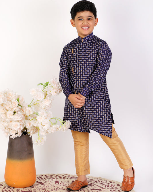 Pro Ethic Navy Blue Silk Floral Boys Kurta Pajama Set (S-159)