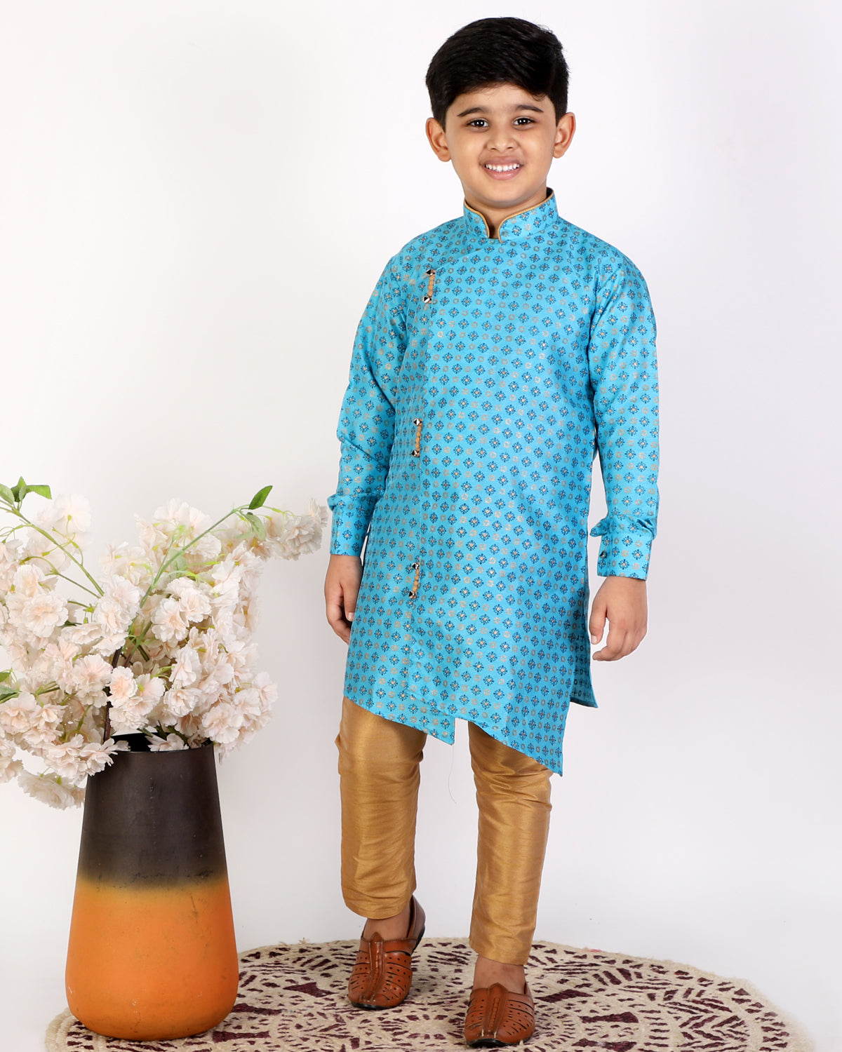 Pro Ethic Sky Blue Silk Floral Boys Kurta Pajama Set (S-159)