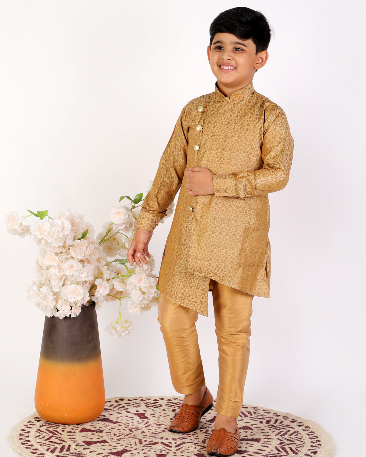 Pro Ethic  Boy's Silk Embellished Style Beige Kurta Pajama Set (160)