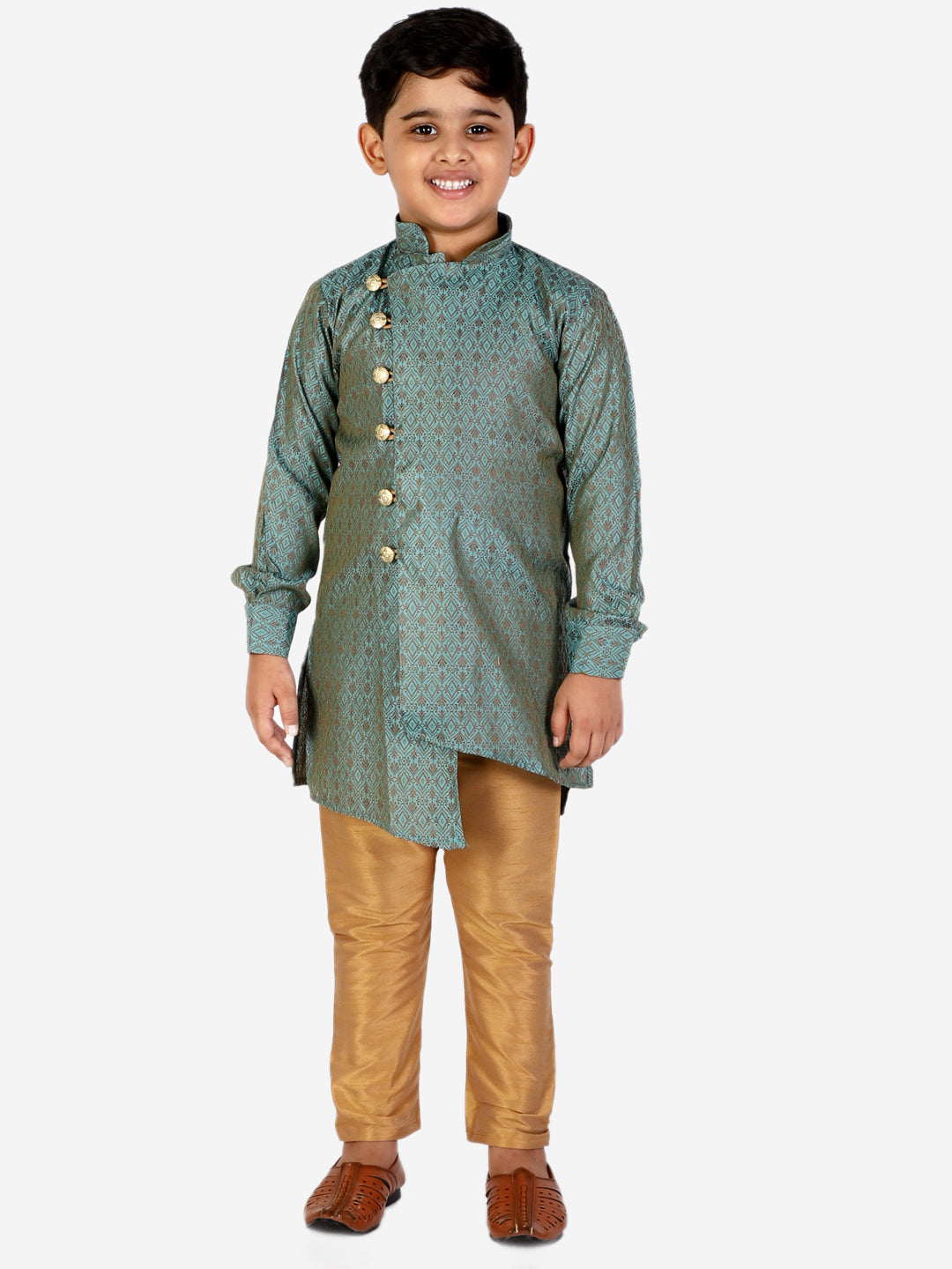 Pro Ethic Boy's Silk Embellished Style Dark Green Kurta Pajama Set (160)