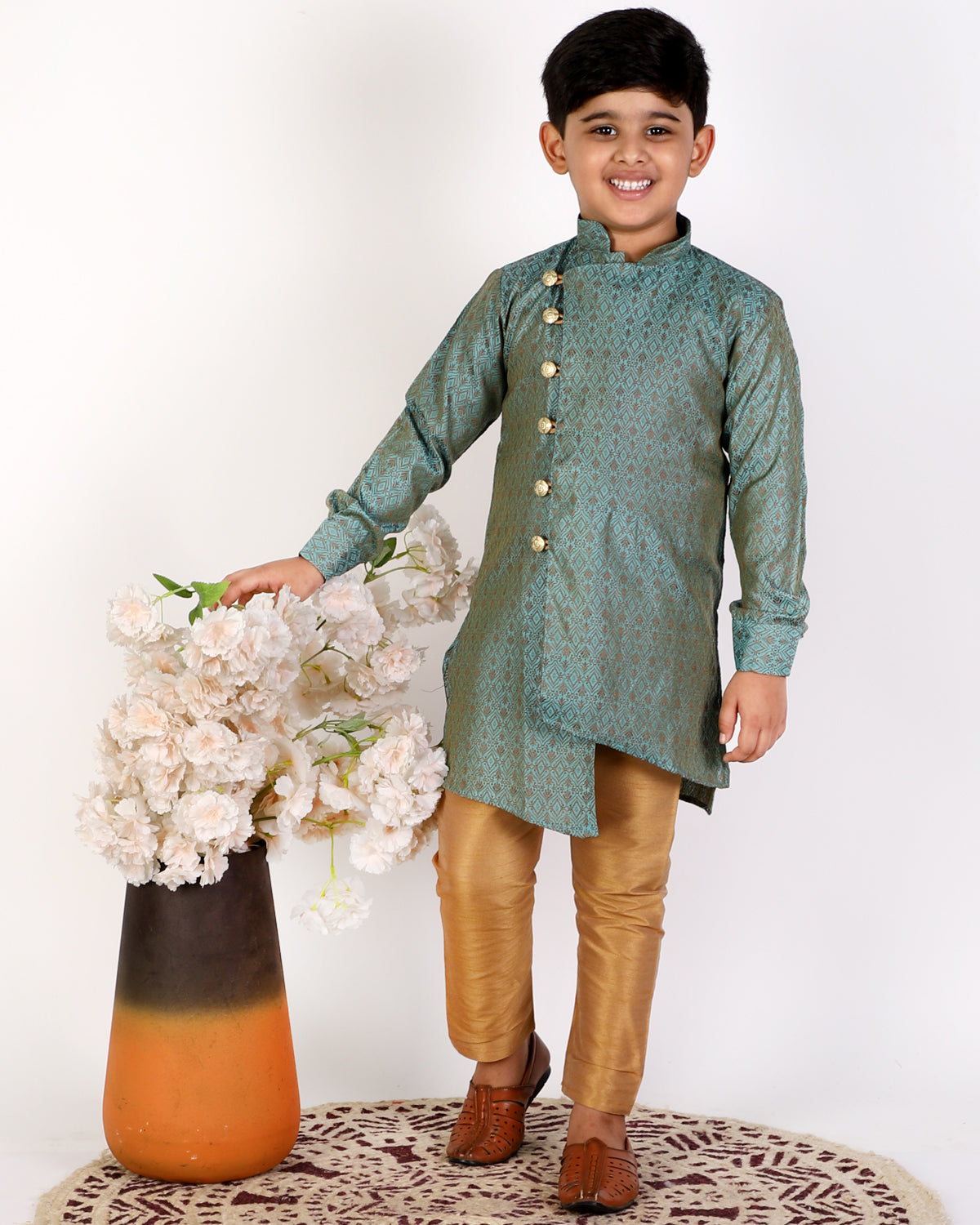 Pro Ethic Boy's Silk Embellished Style Dark Green Kurta Pajama Set (160)