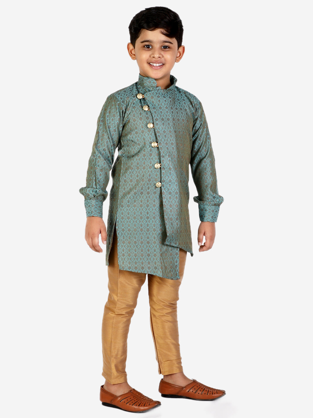 Pro Ethic Boy's Silk Embellished Style Dark Green Kurta Pajama Set (160)