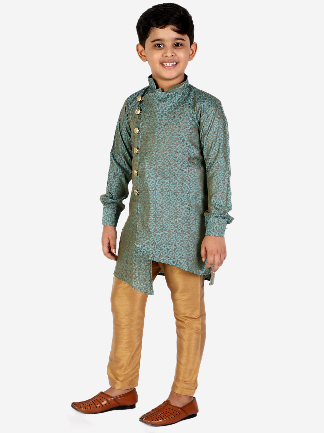 Pro Ethic Boy's Silk Embellished Style Dark Green Kurta Pajama Set (160)