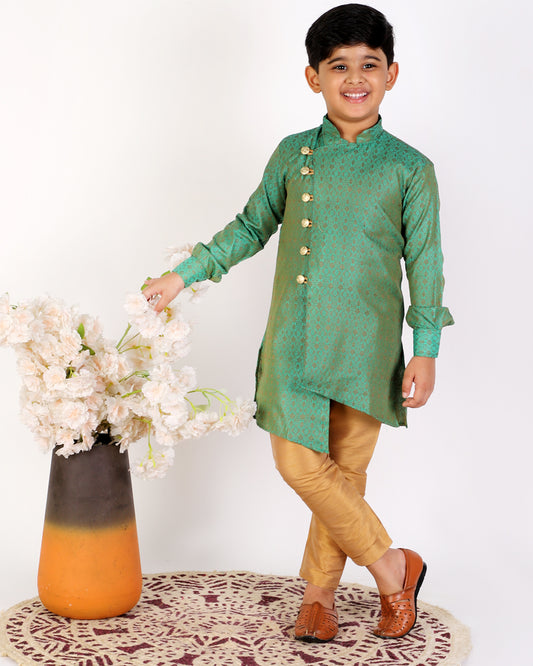 Pro Ethic Boy's Silk Embellished Style Green Kurta Pajama Set (160)