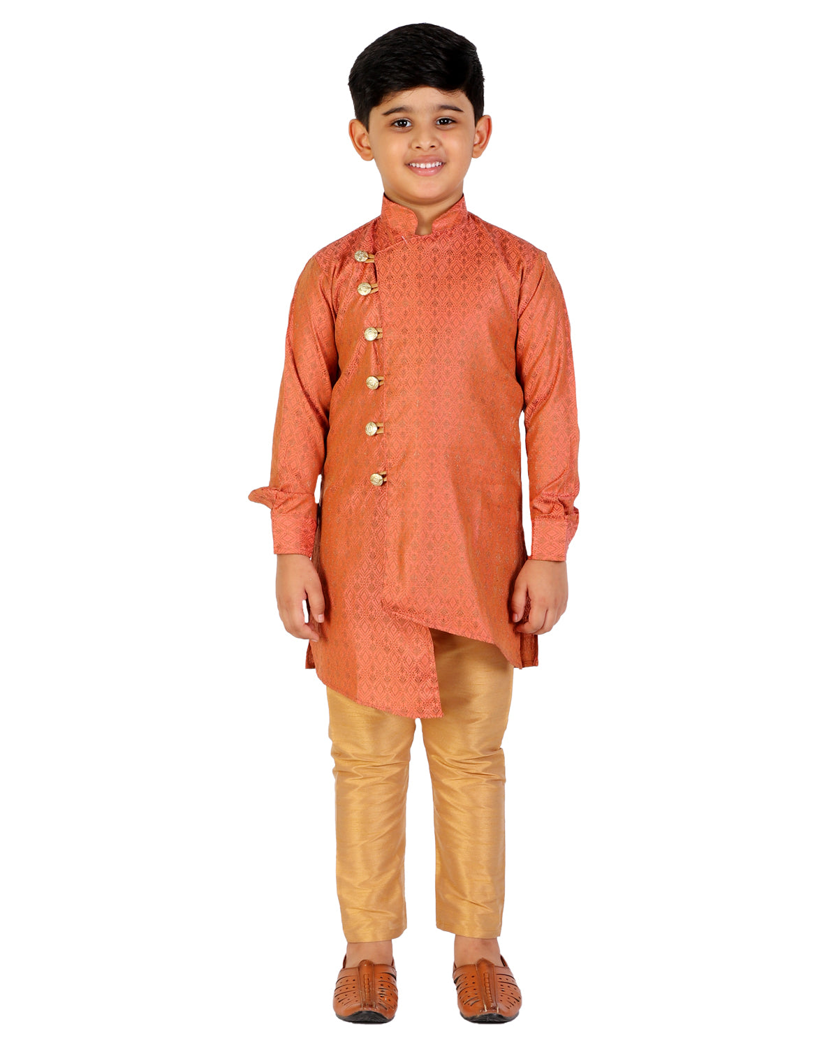 Pro Ethic Boy's Silk Embellished Style Rust Kurta Pajama Set (160)