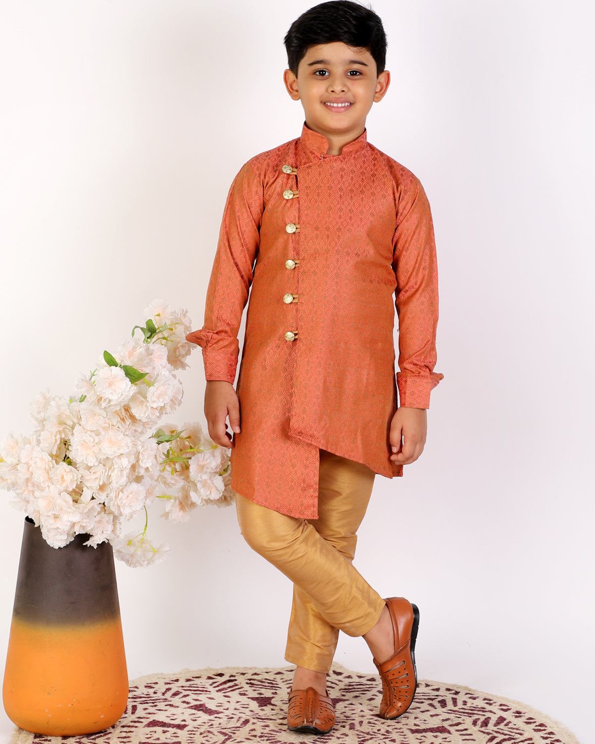 Pro Ethic Boy's Silk Embellished Style Rust Kurta Pajama Set (160)