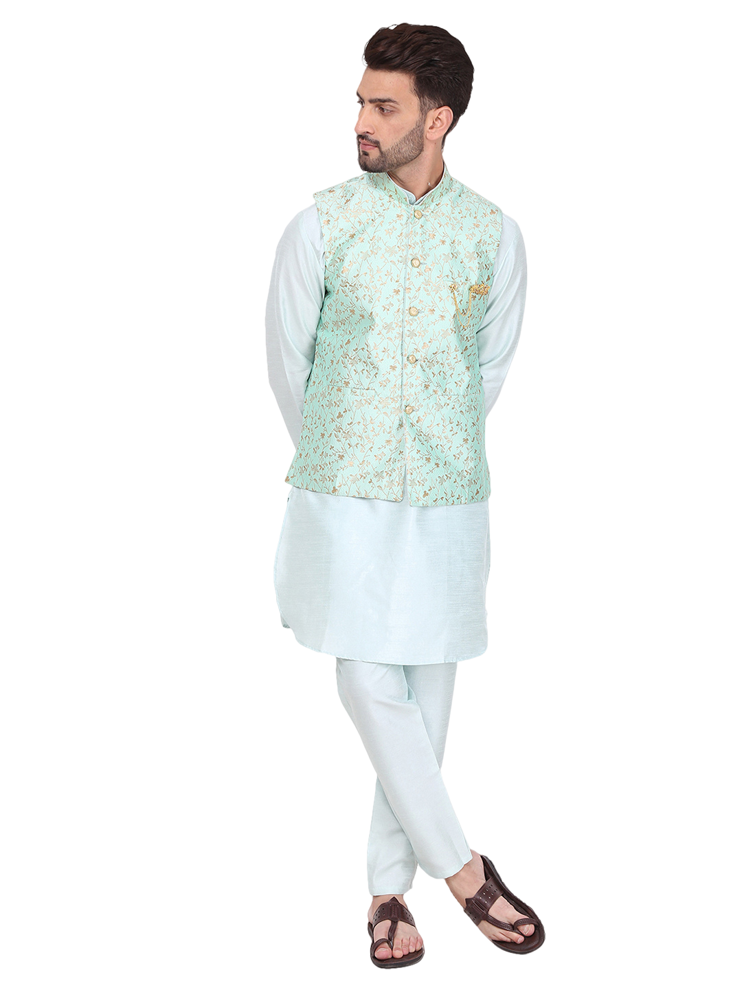 Pro-Ethic Style Developer Silk Kurta Pajama With Jacket For Men | Sky Blue (C-101)