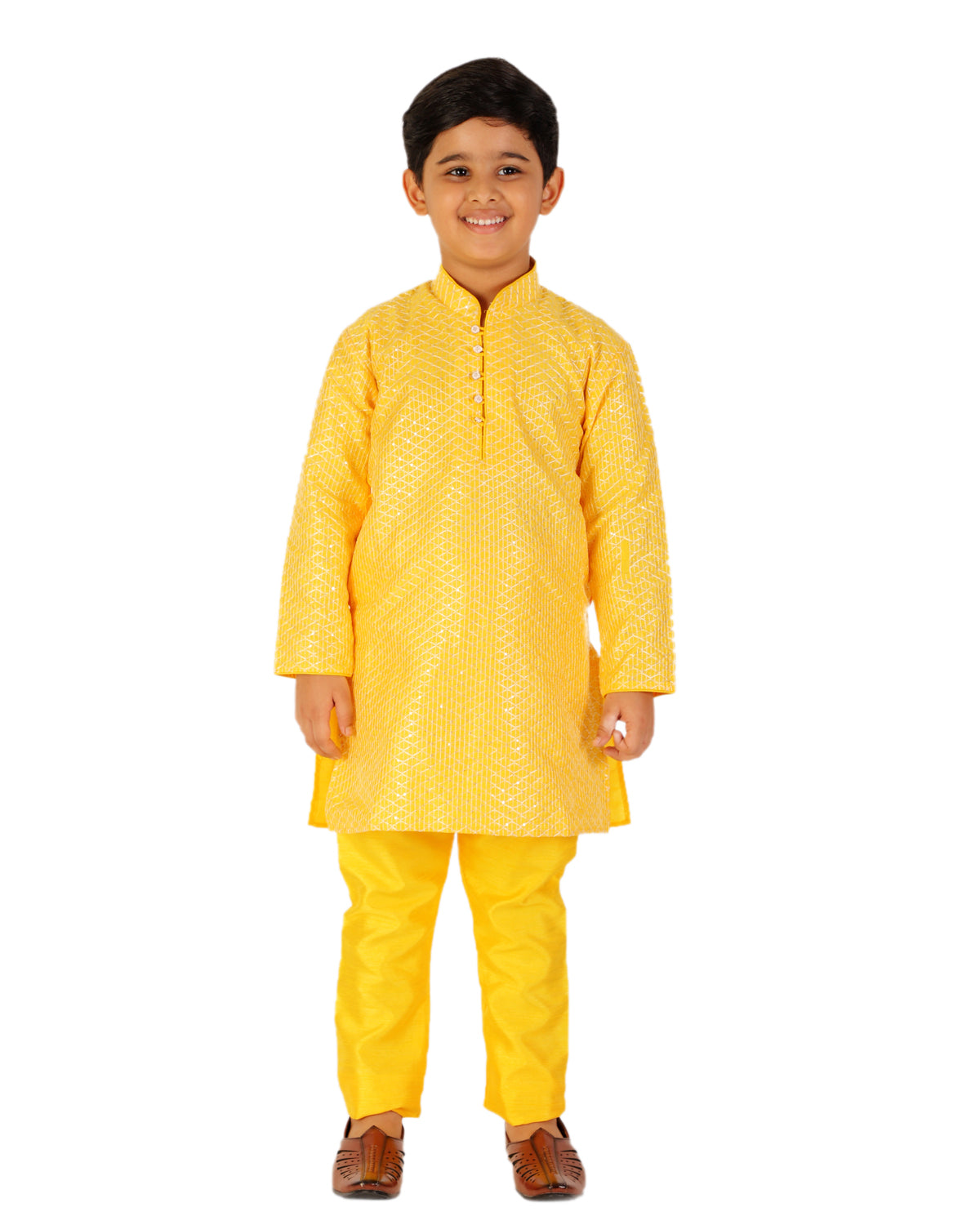 Pro Ethic Boy's Silk Jacquard Yellow Kurta Pajama Set (S-161)