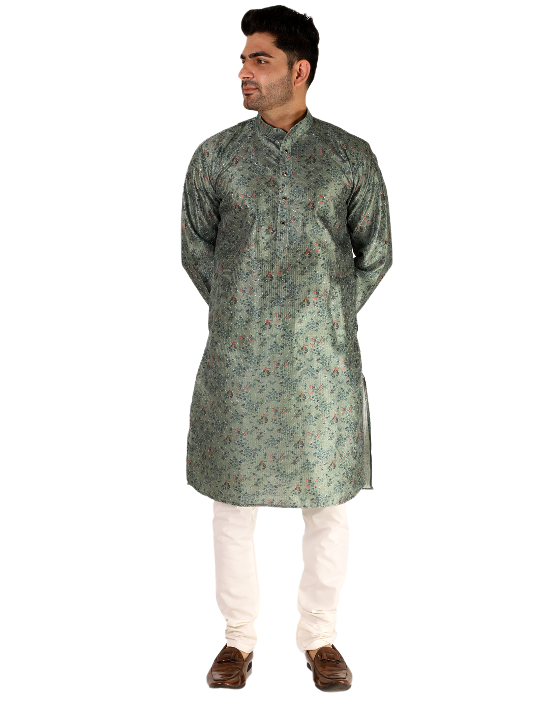 Pro Ethic Men's Kurta Pajama Set Silk - Asymmetrical Style - Green (A-107)