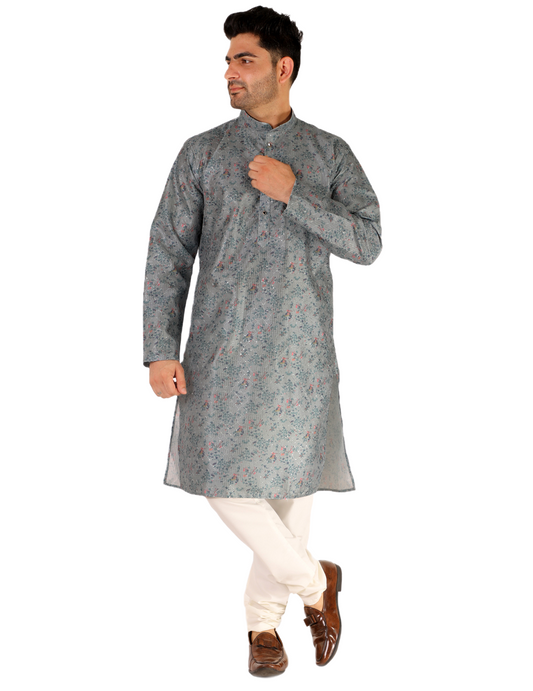 Pro Ethic Men's Kurta Pajama Set Silk - Asymmetrical Style - Grey (A-107)