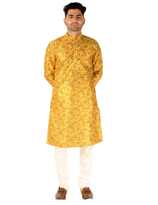 Pro Ethic Men's Kurta Pajama Set Silk - Asymmetrical Style - Yellow (A-107)
