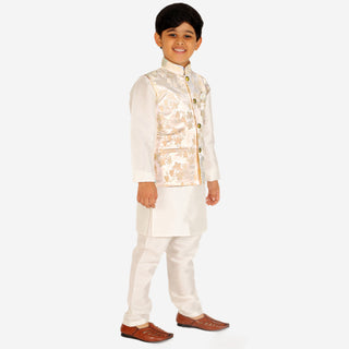 Pro Ethic Kurta Pajama For Boys With Waist Coat Silk Floral Cream (S-209)