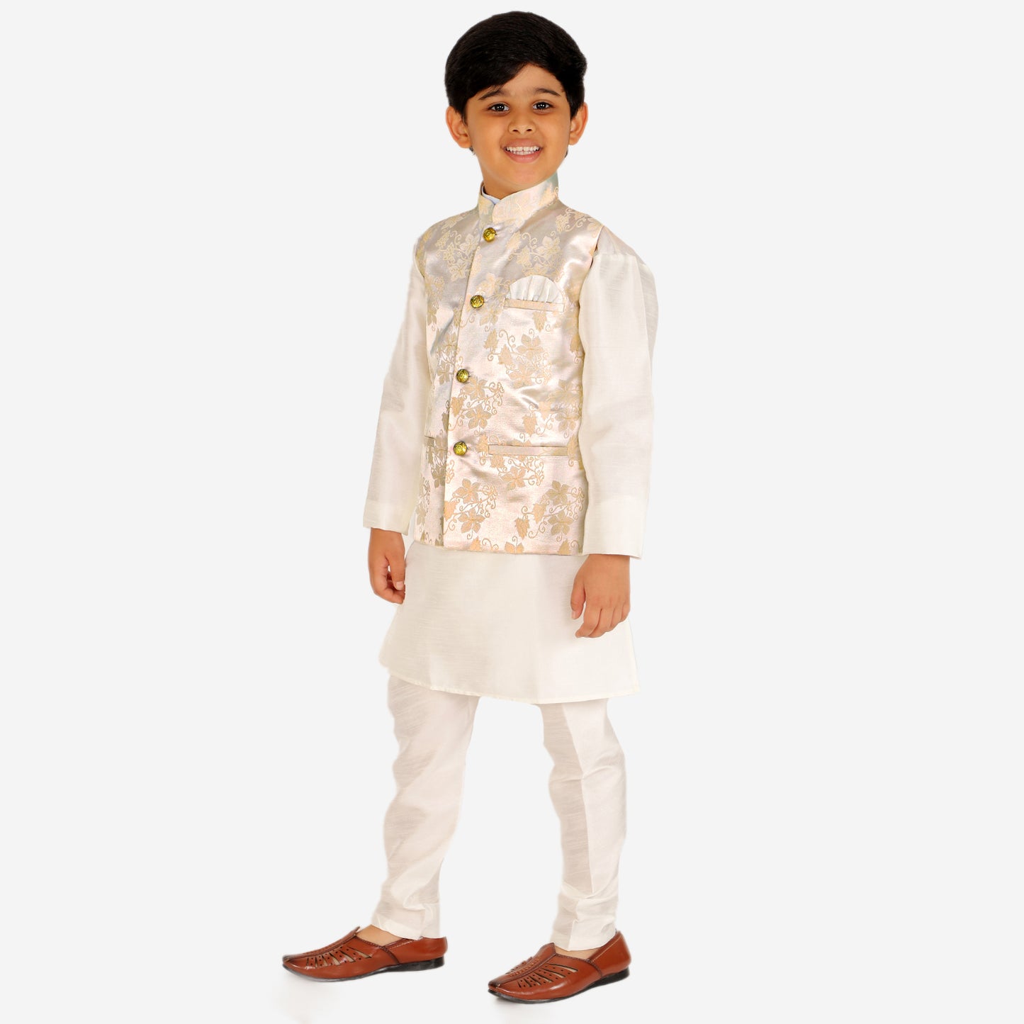 Pro Ethic Kurta Pajama For Boys With Waist Coat Silk Floral Cream (S-209)