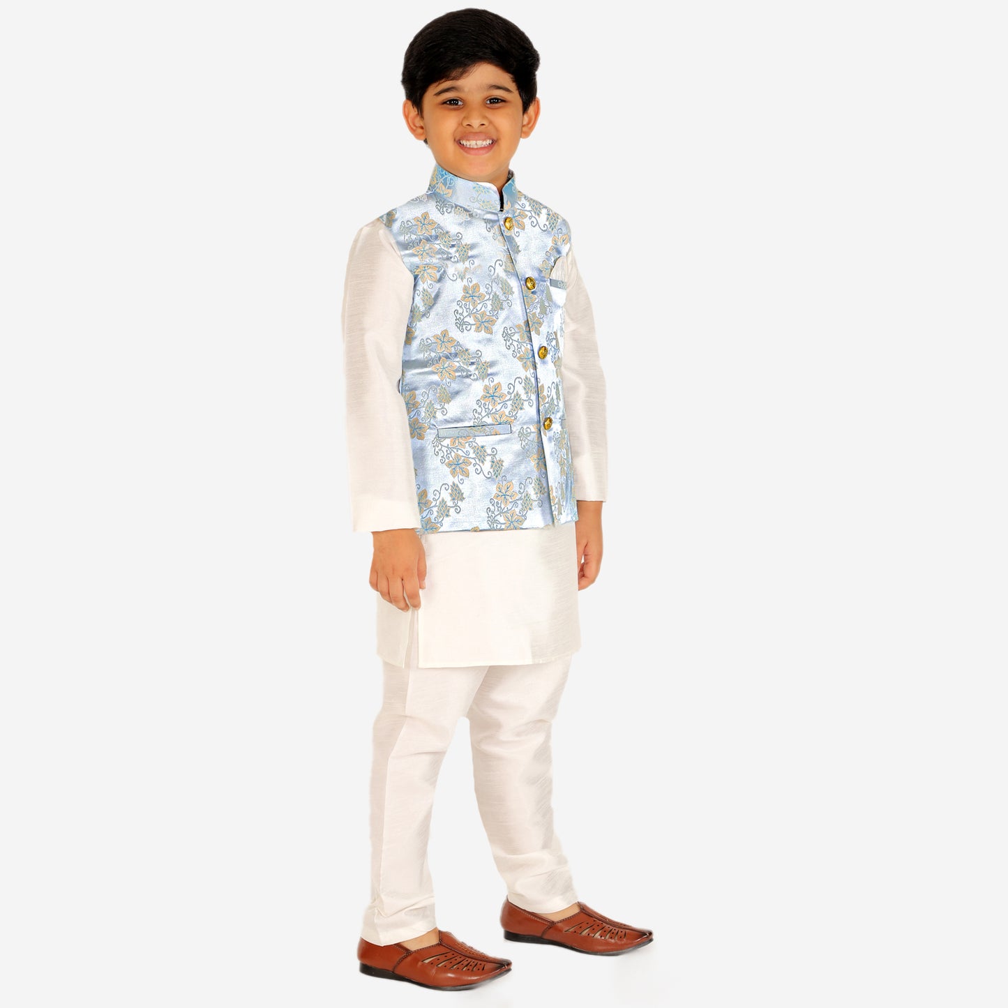 Pro Ethic Kurta Pajama For Boys With Waist Coat Silk Floral Light Blue (S-209)