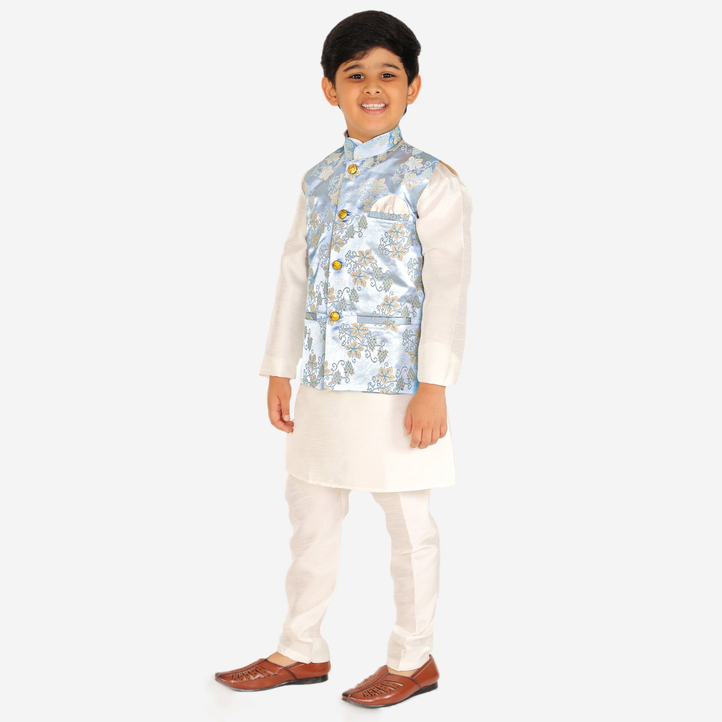 Pro Ethic Kurta Pajama For Boys With Waist Coat Silk Floral Light Blue (S-209)