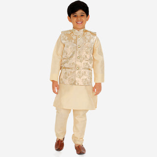 Pro Ethic Kurta Pajama For Boys With Waist Coat Silk Floral Gold (S-209)