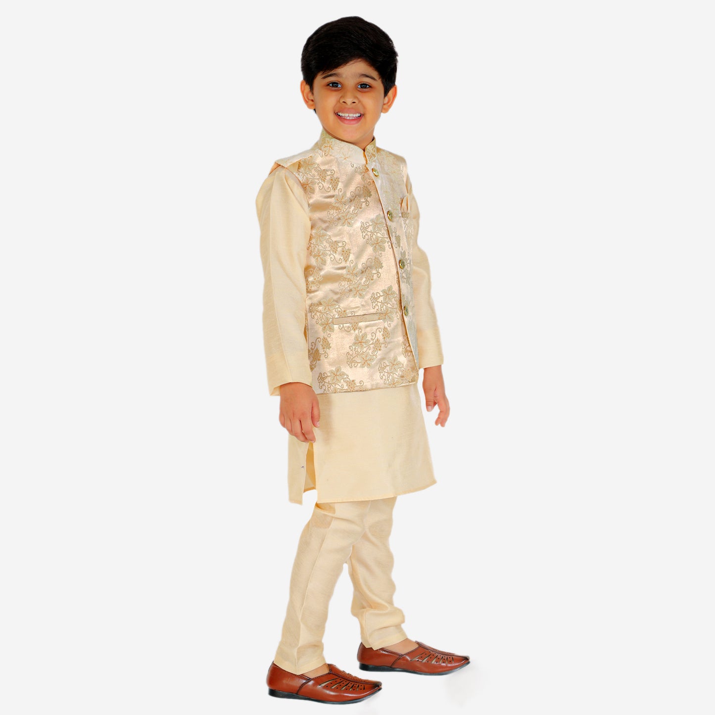 Pro Ethic Kurta Pajama For Boys With Waist Coat Silk Floral Gold (S-209)