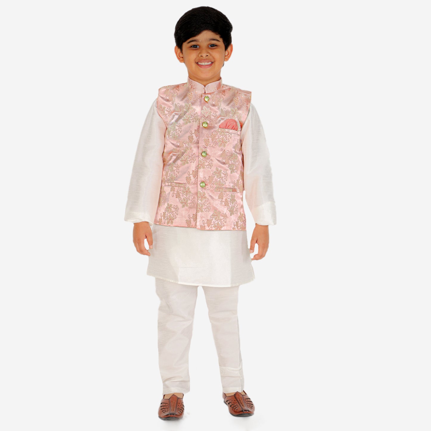 Pro Ethic Kurta Pajama For Boys With Waist Coat Silk Floral Peach (S-209)